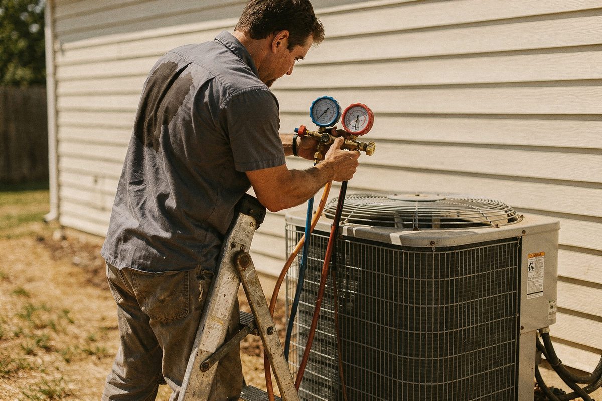 Technician attaching gauges to an outdoor air conditioning condenser in bright sunlight