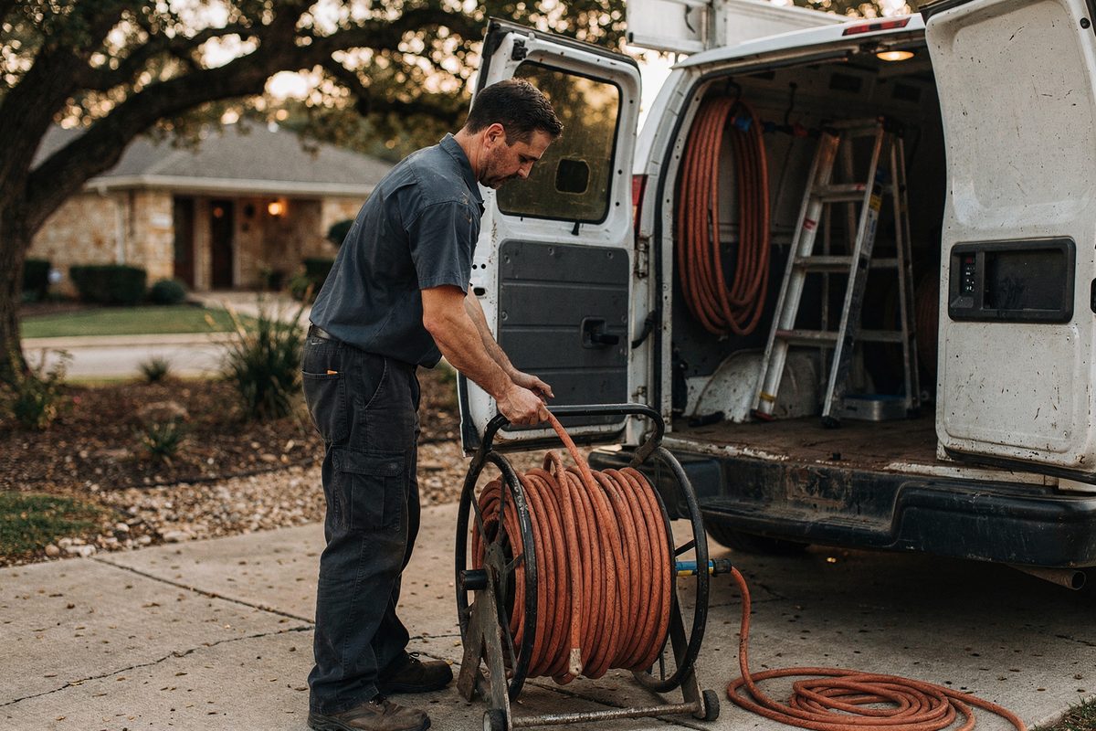 Technician winding an extension cord reel beside an open service van door