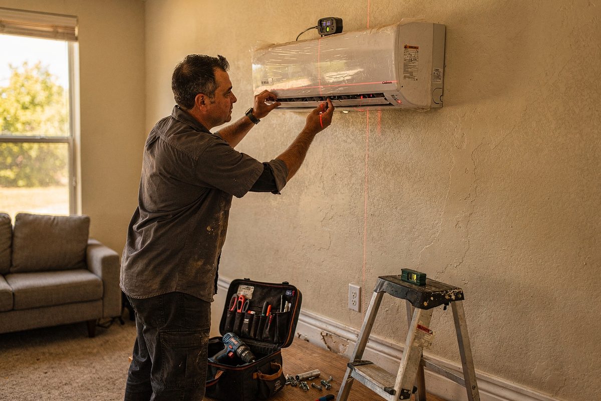 Technician mounting a ductless mini-split indoor unit on a living-room wall