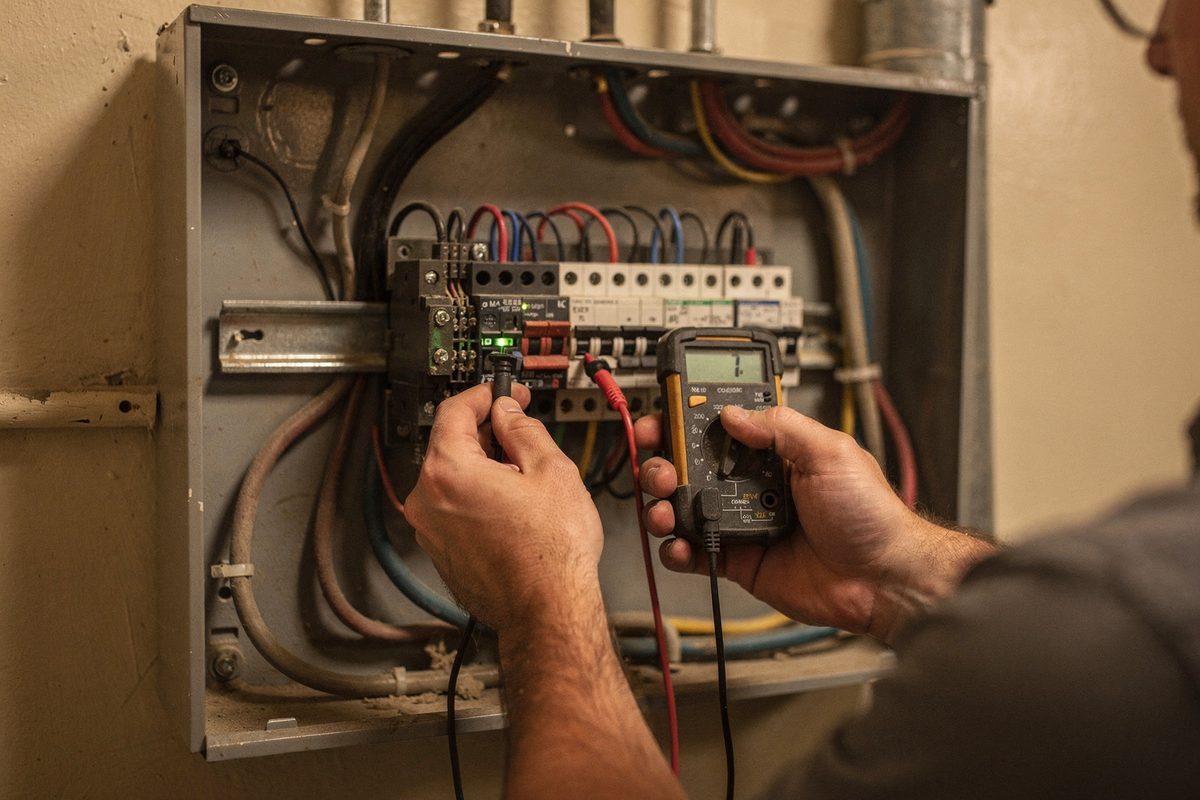Technician using a multimeter to test terminals inside a low-voltage control panel