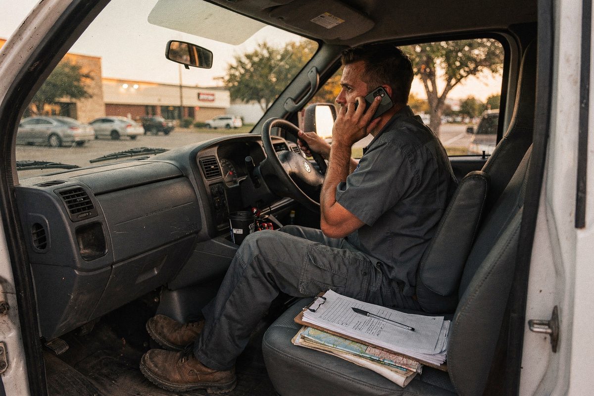 Technician sitting in a service van's cab calling dispatch on the phone